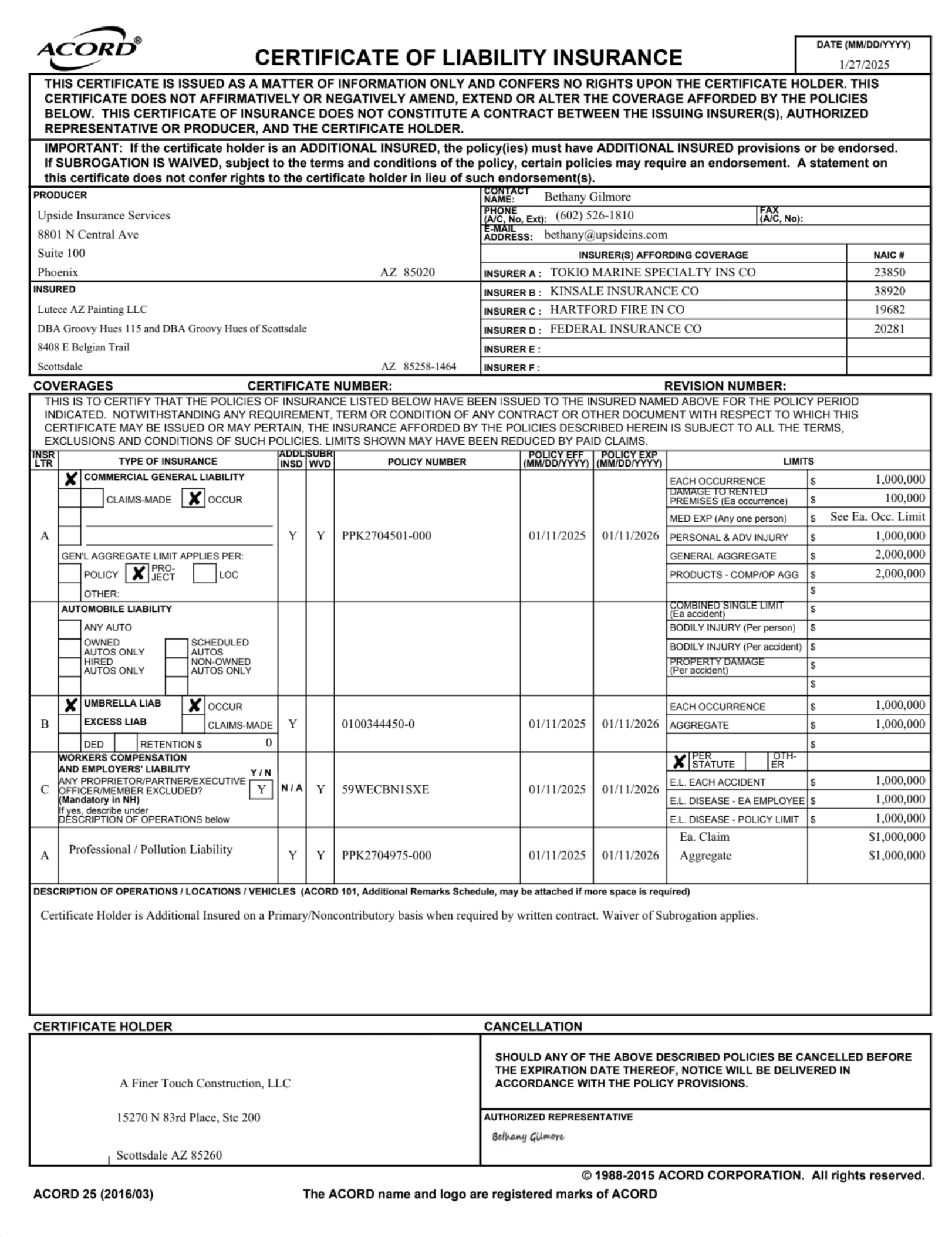 Certificate of Liability Insurance with verification progress